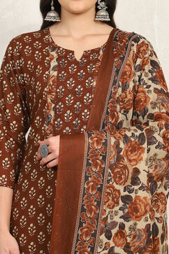 Rust Red Cotton Printed Unstitched Suit Set image number 2