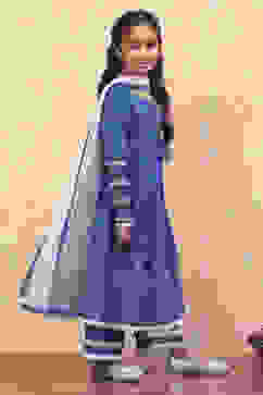 Blue Cotton Printed Flared Festive Tiered Suit Set image number 5