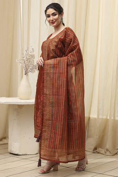 Brown Chanderi Printed Embroidered Unstitched Suit Set image number 5