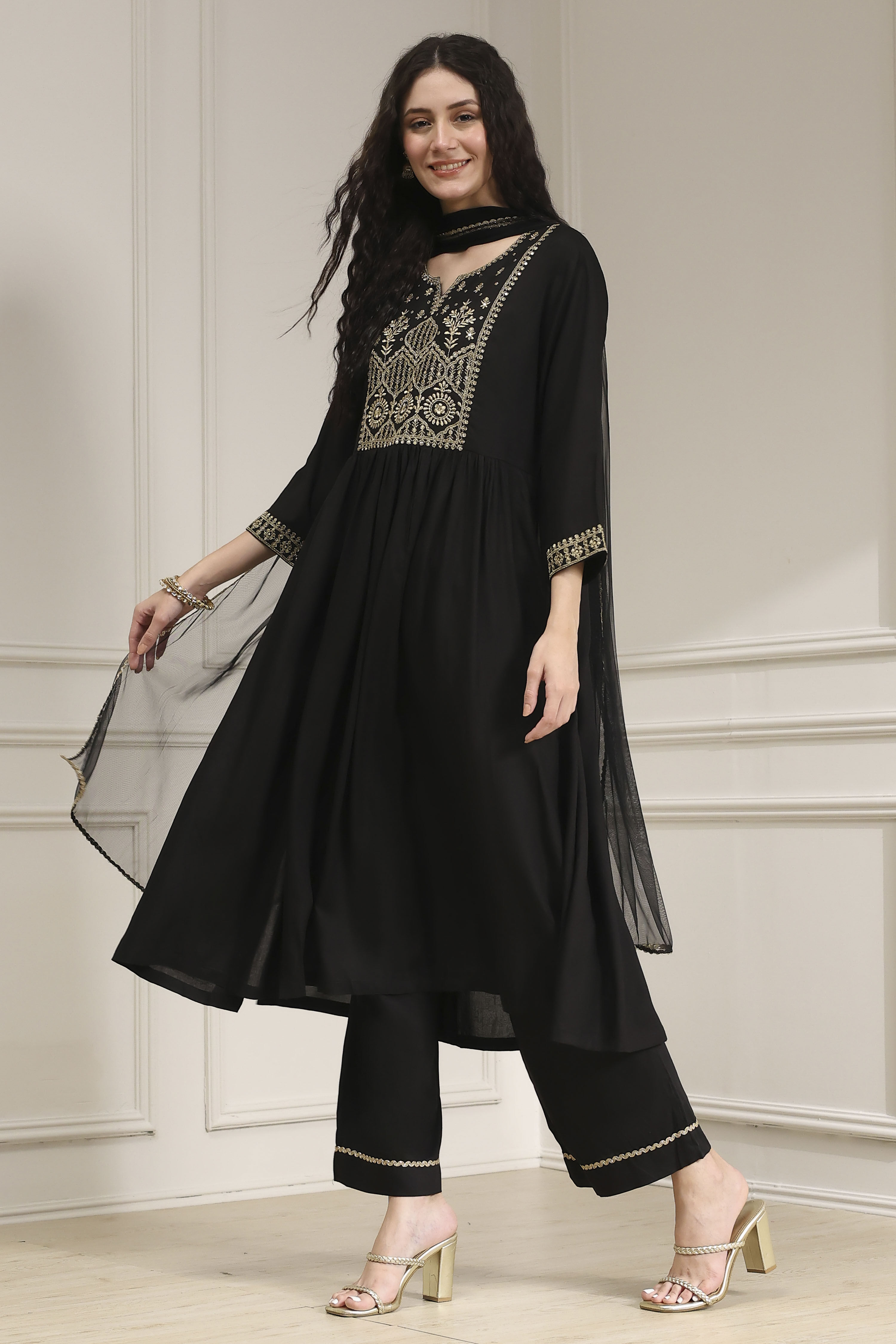 Black Embroidered Gathered Suit Set image number 2