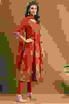 Red Floral Printed Festive Anarkali Suit Set image number 5