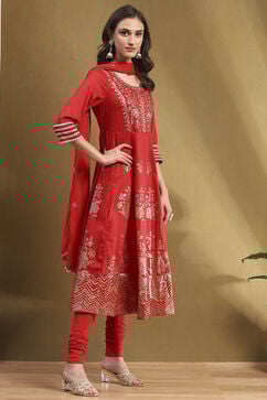 Red Floral Printed Festive Anarkali Suit Set image number 5