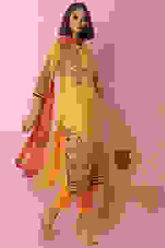 Yellow Cotton Straight Kurta Slim Pants Suit Set image number 0