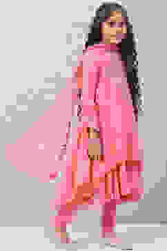 Coral Cotton Flared Kurta Churidar Suit Set image number 6