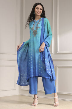 Turquoise Printed Straight Suit Set image number 5