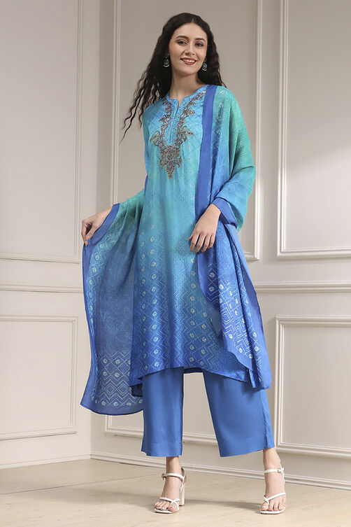 Turquoise Printed Straight Suit Set image number 5