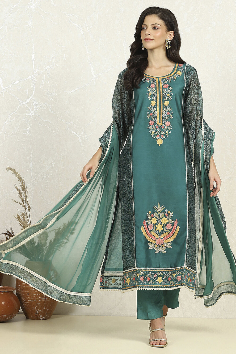Teal Chanderi Unstitched Suit Set image number 1