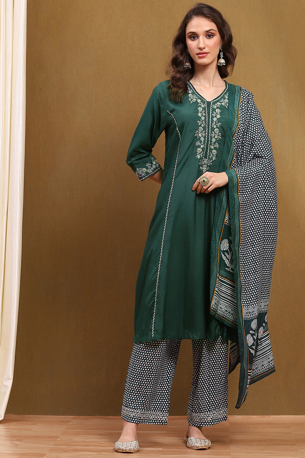 Green Modal Embroidered Festive Kalidar Suit Set image number 6