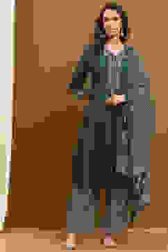 Green Modal Embroidered Festive Kalidar Suit Set image number 6