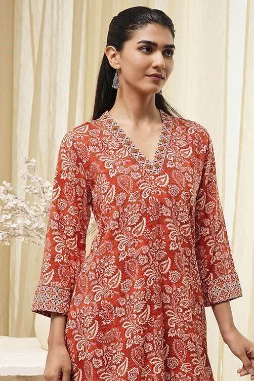 Rust Printed Straight Short Kurta image number 1