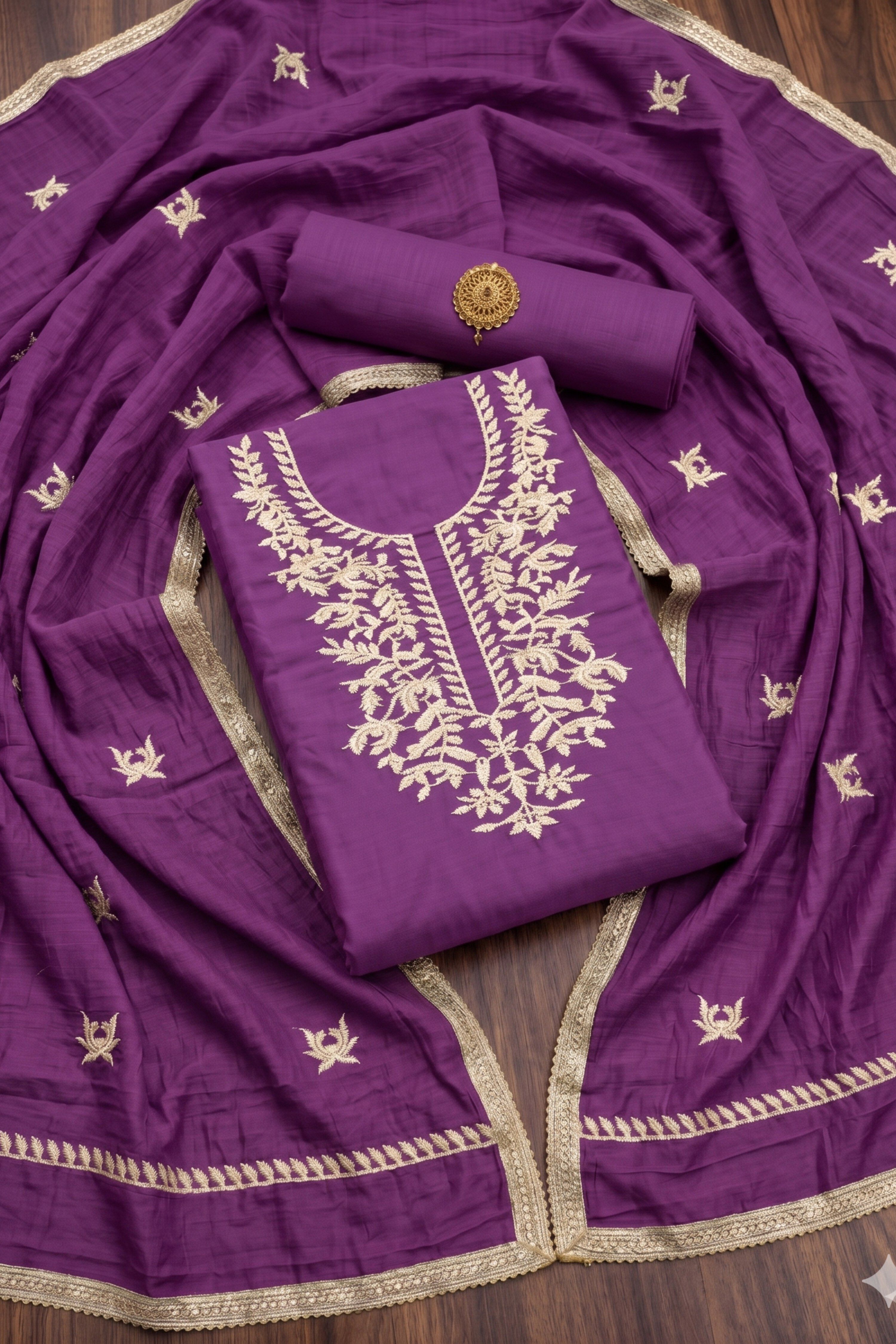 Wine Chanderi Thread Work Unstitched Suit Set image number 0