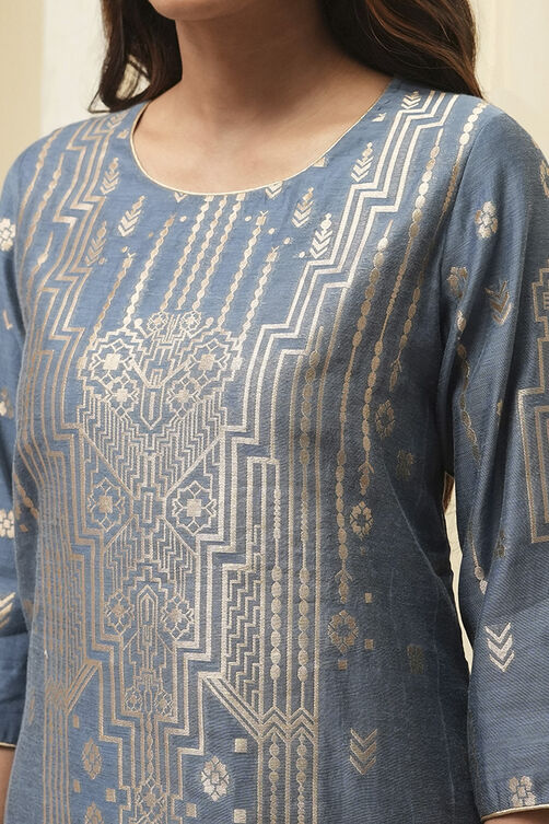 Blue Poly Cotton Straight Yarndyed Kurta image number 4