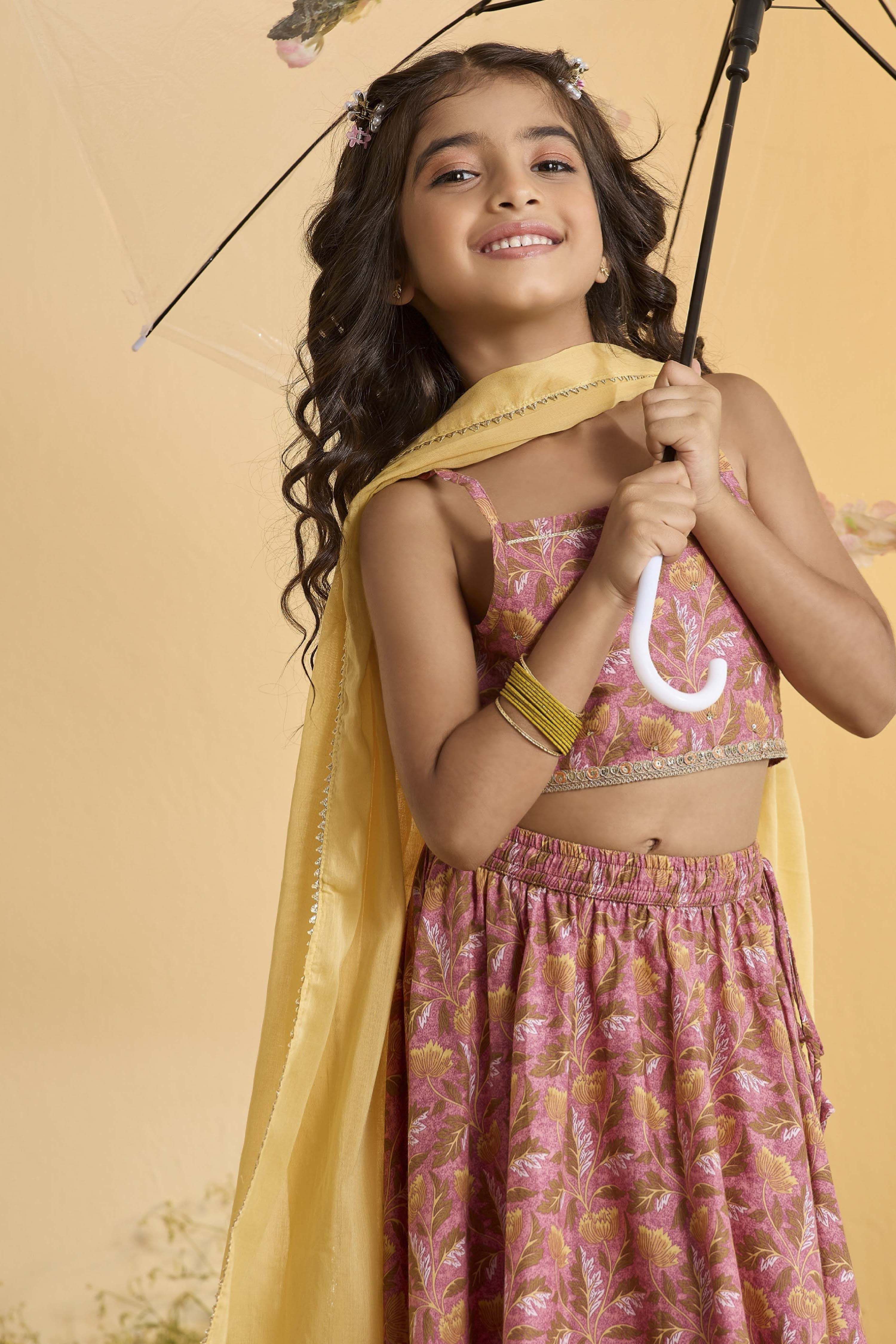 Peach Cotton Printed Gathered Lehenga Set image number 1