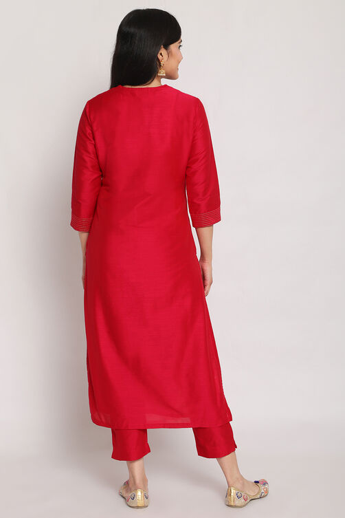 Pink Poly Viscose Straight Kurta Slim Pant Suit Set image number 5
