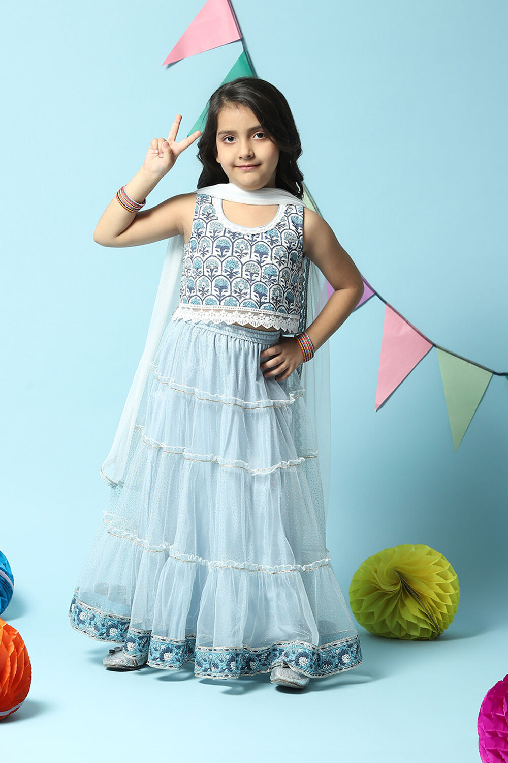 Powder Blue Cotton Short Top Lehenga Set image number 0