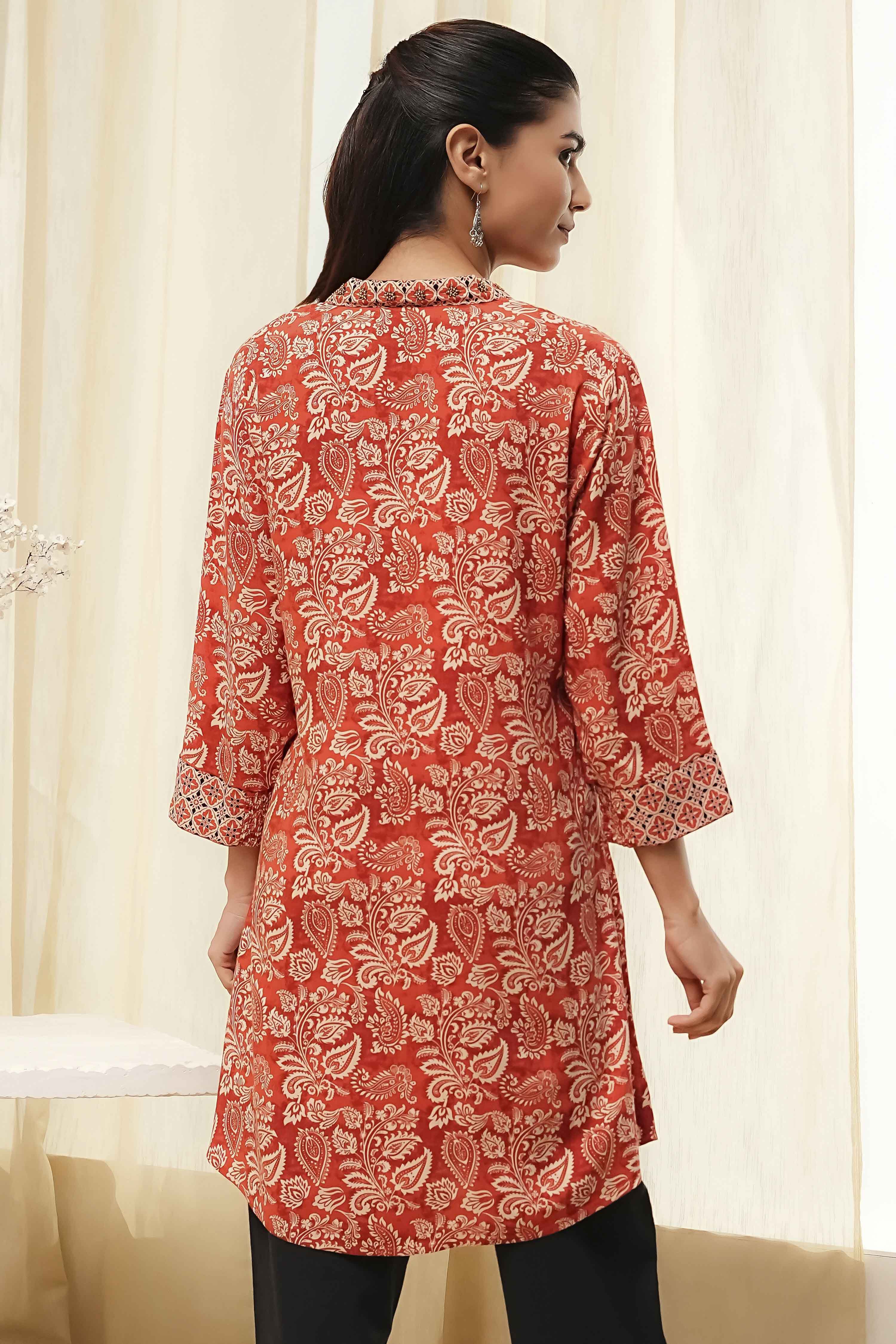 Rust Printed Straight Short Kurta image number 3