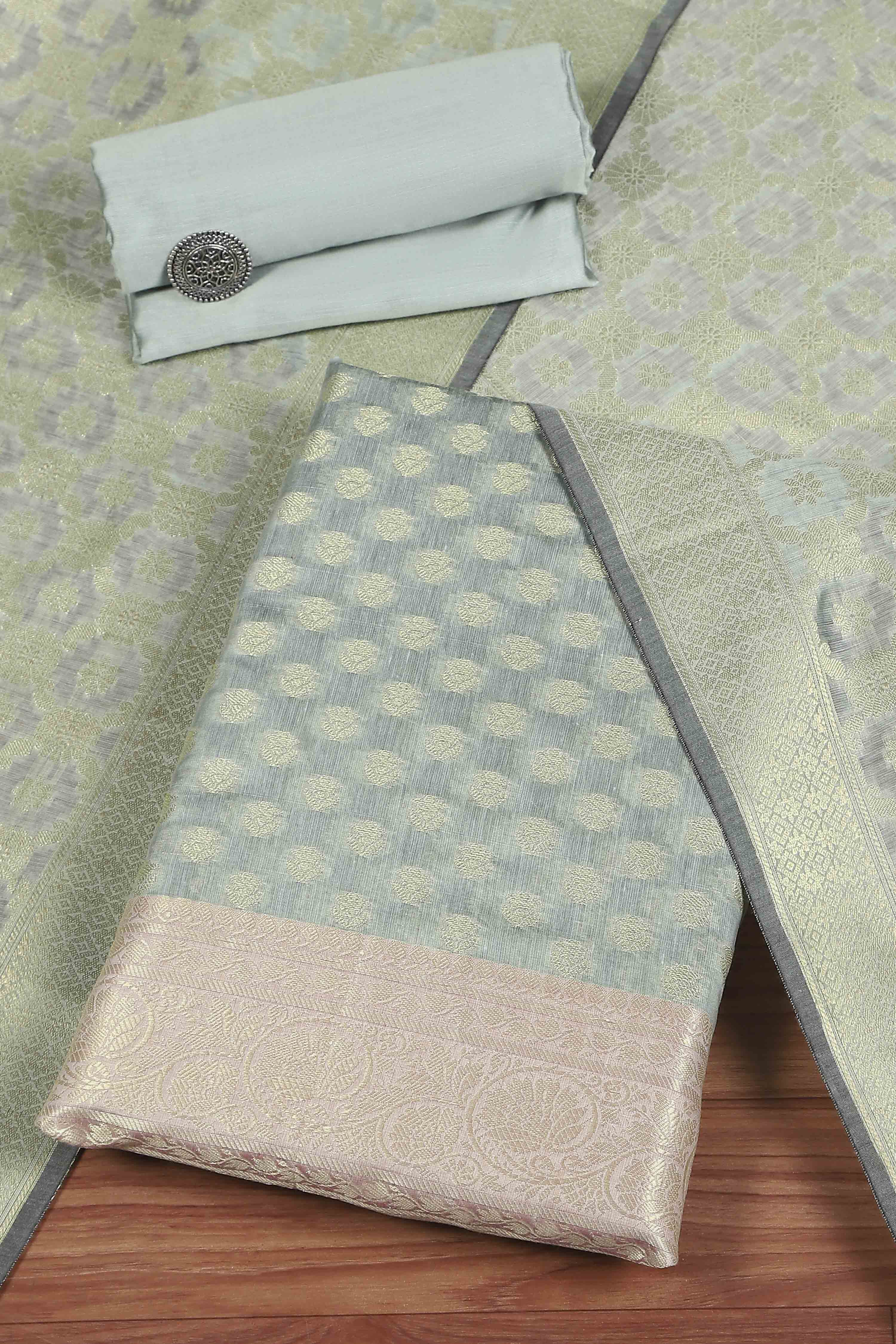 Grey Cotton Printed Embroidered Unstitched Suit Set image number 0