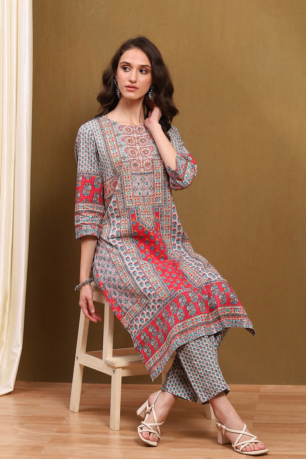 Beige and Blue Cotton Printed Straight Kurta Set image number 0