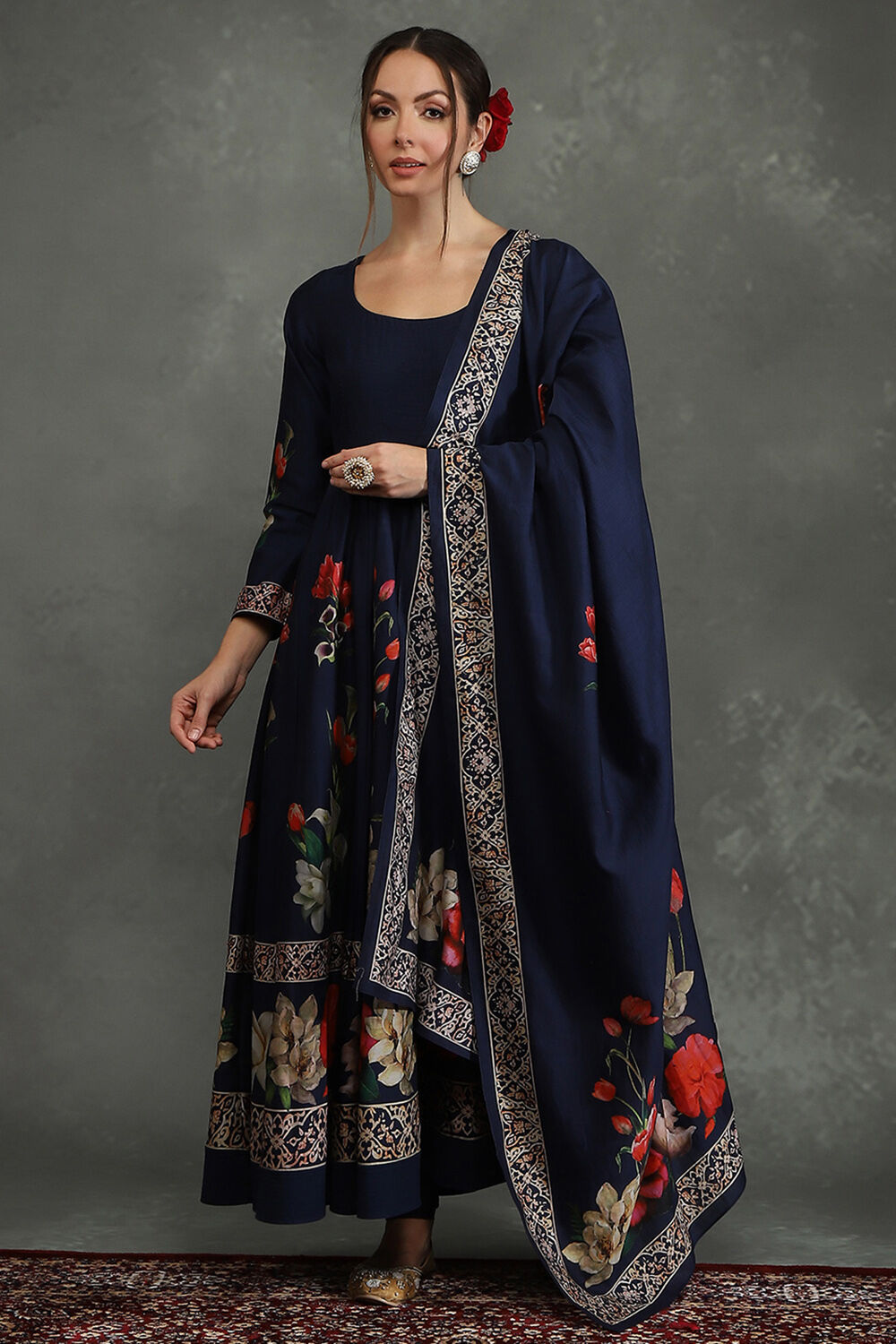 Rohit Bal Navy Blue Silk Chanderi Floral Anarkali Suit Set image number 5