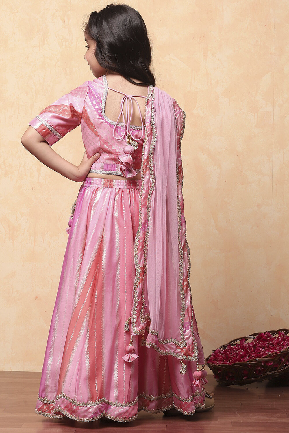 Pink Poly Chanderi Printed Flared Festive Lehenga Set image number 4