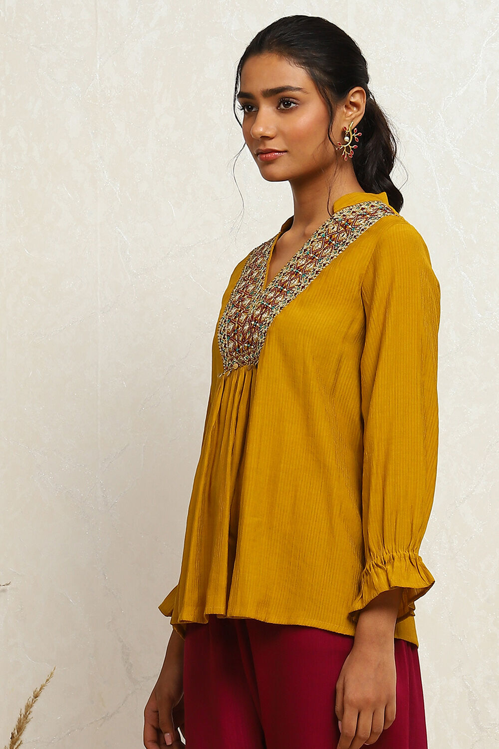 Mustard Yellow Embroidered A-Line Kurti image number 2
