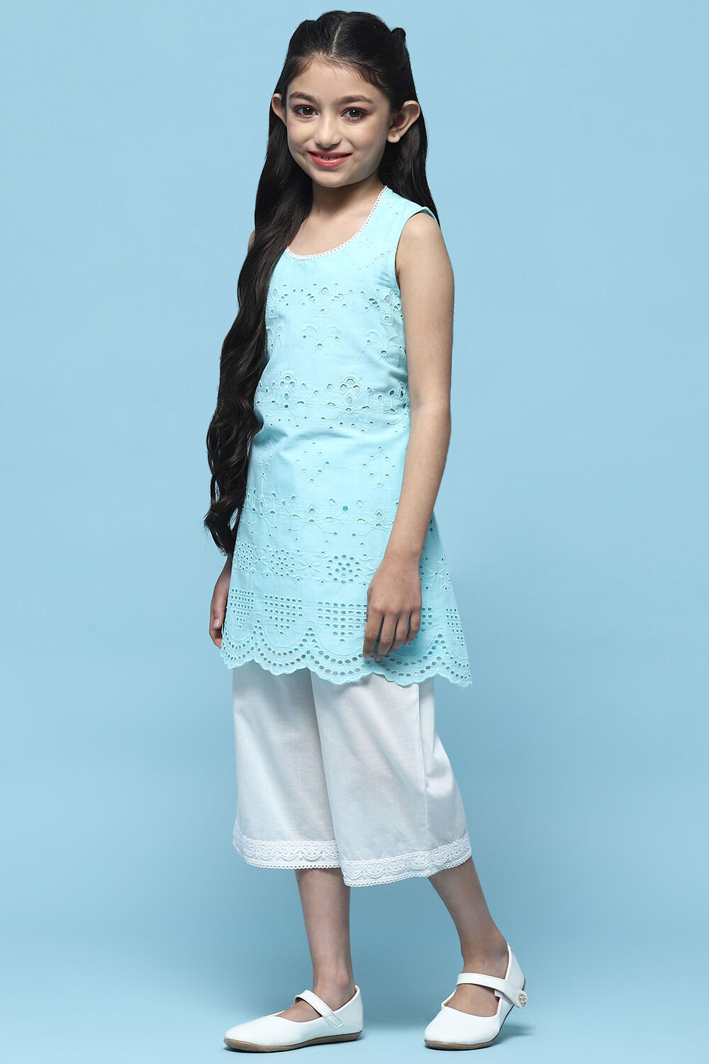 Sky Blue Schiffli Cotton Kurta & Palazzo image number 2
