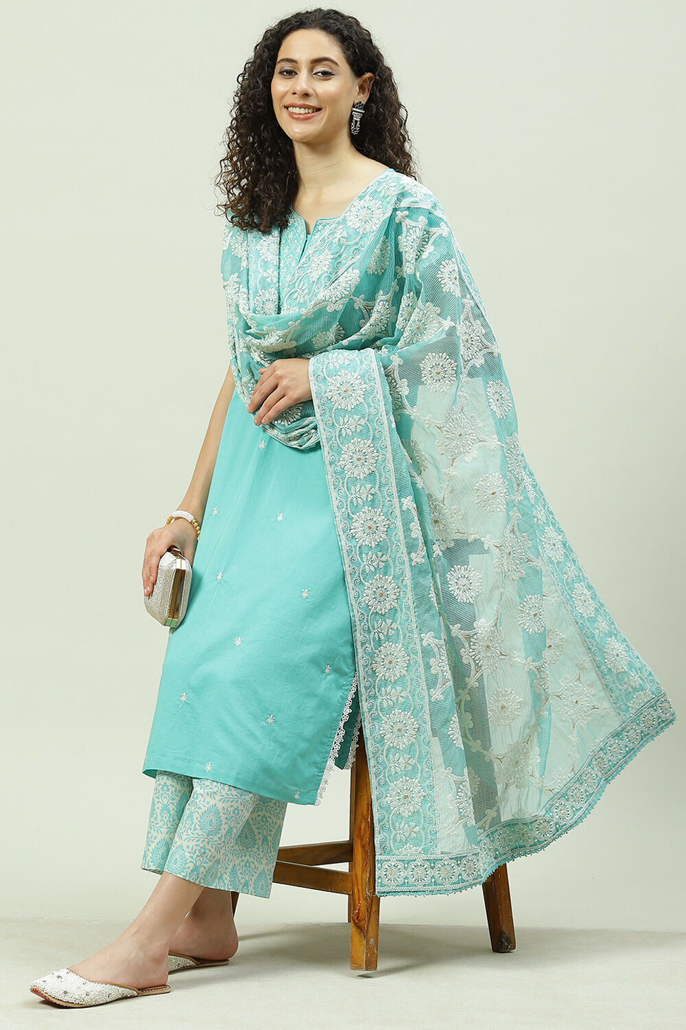 Sea Green Cotton Straight Kurta Palazzo Suit Set image number 0