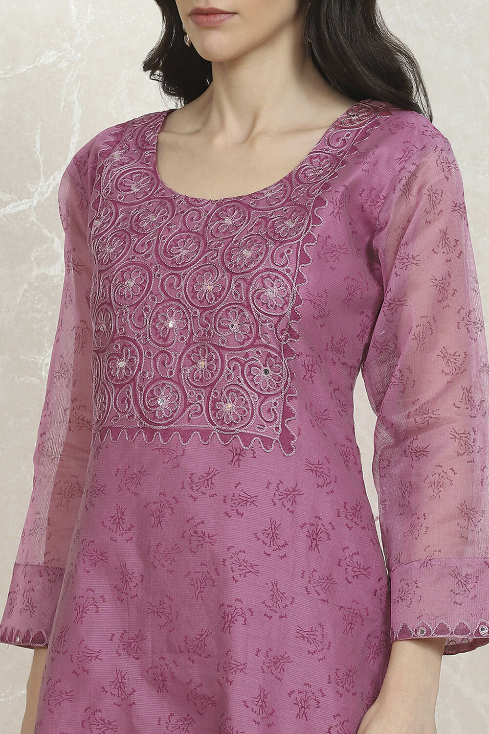 Purple Net Hand Embroidered Unstitched Suit Set image number 2