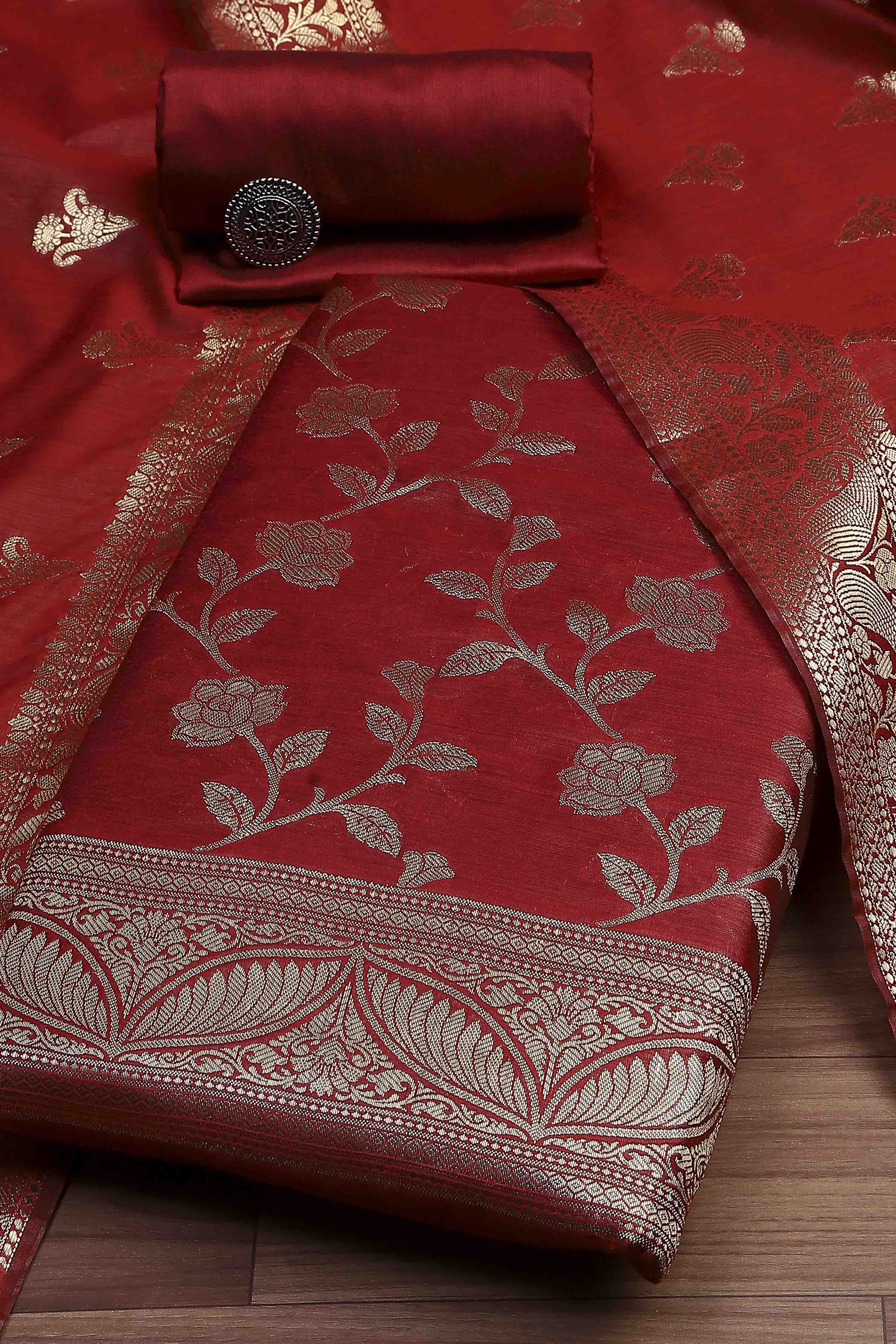 Maroon Cotton Printed Embroidered Unstitched Suit Set image number 0