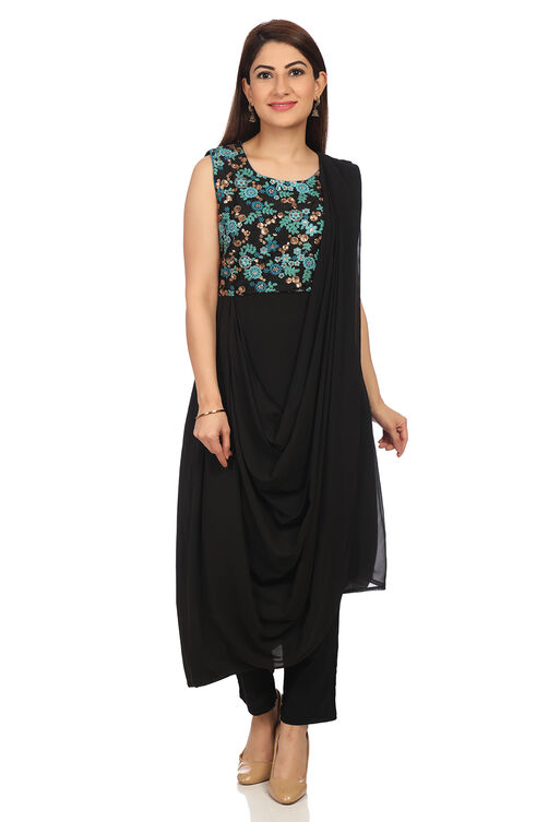 Green Art Silk Saree Kurta Pant Suit Set image number 0