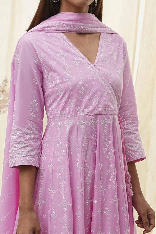 Pink Cotton Anarkali Suit Set image number 1