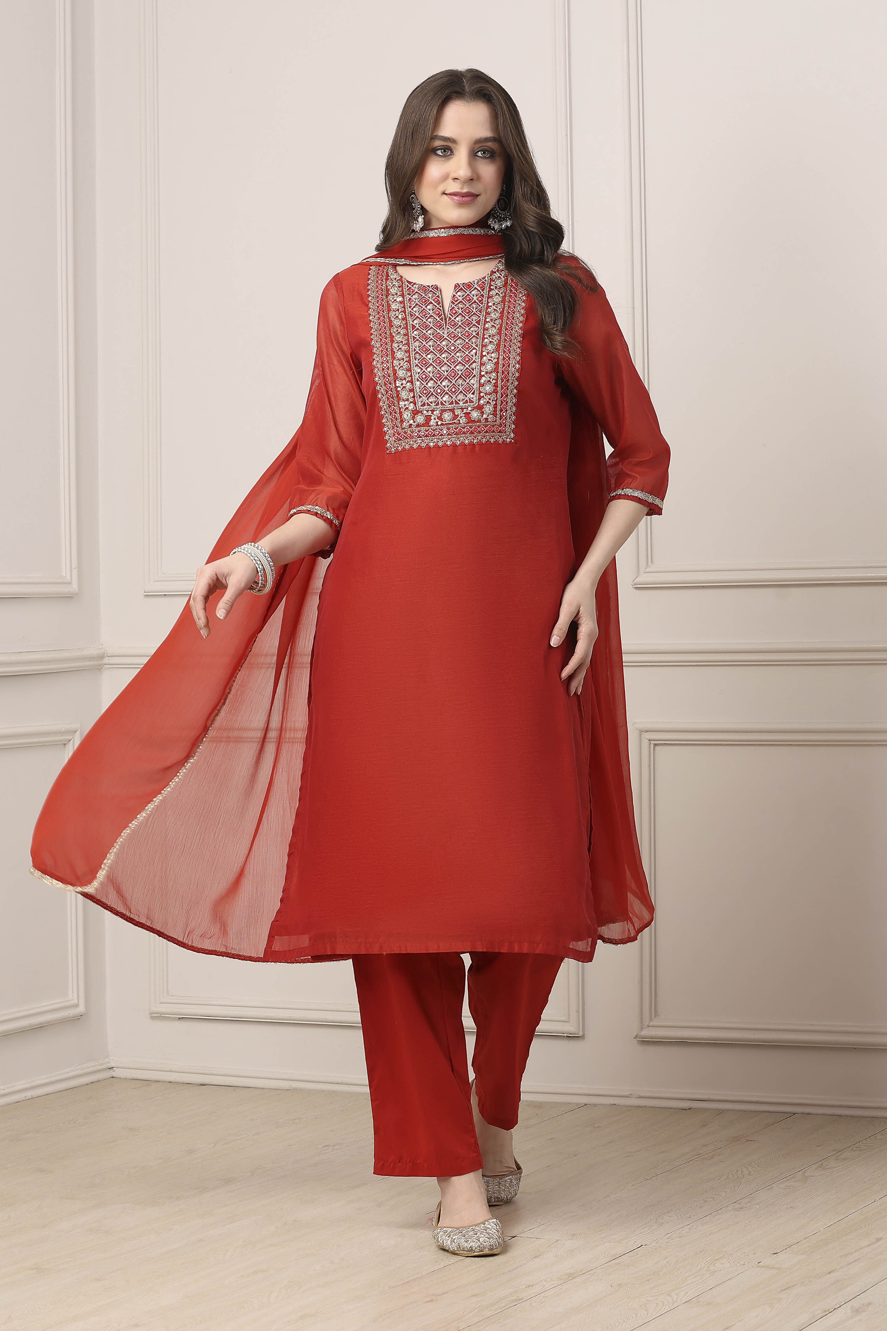 Red Poly Chanderi Straight Suit Set image number 0