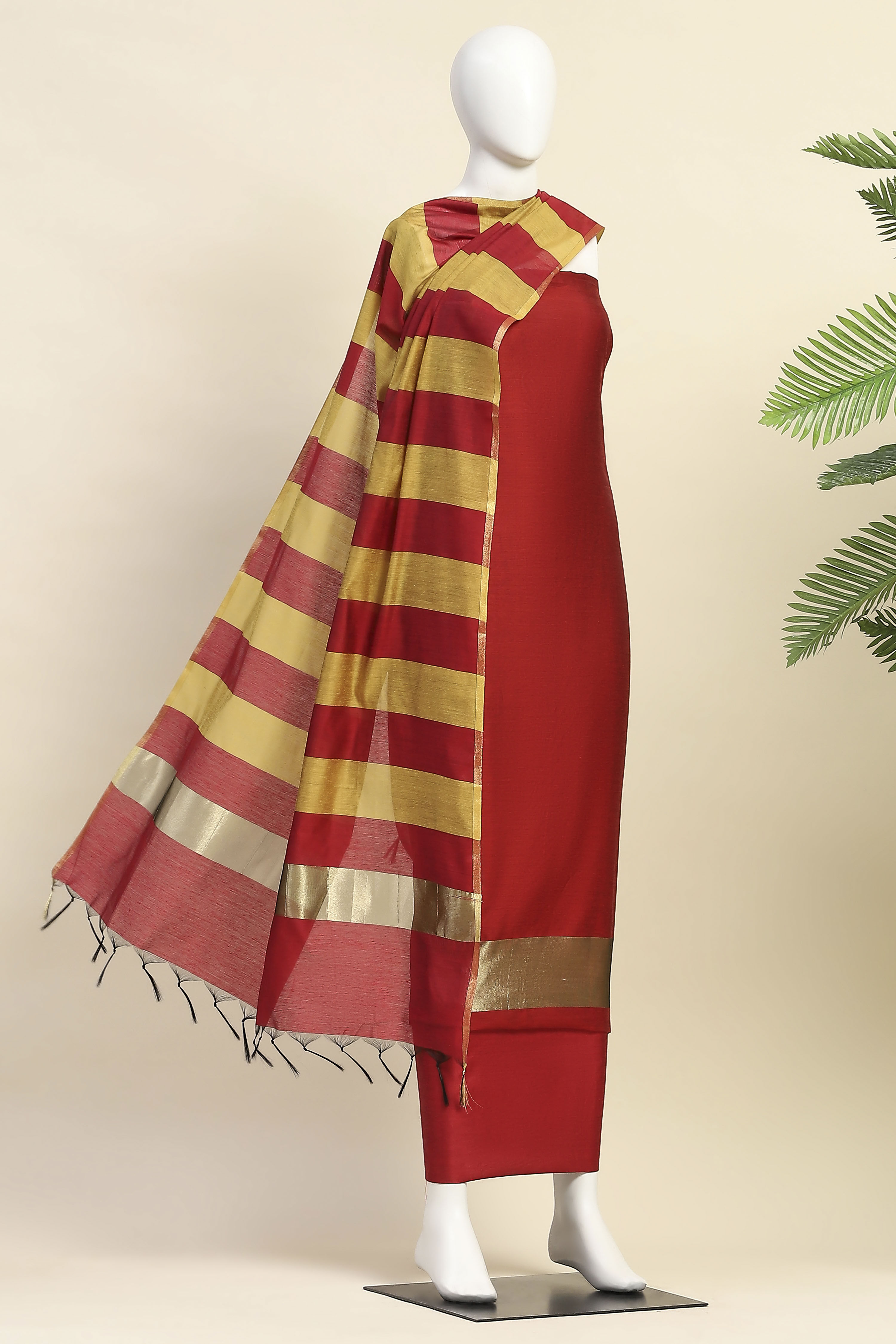 Red Cotton Unstitched Suit Set image number 4