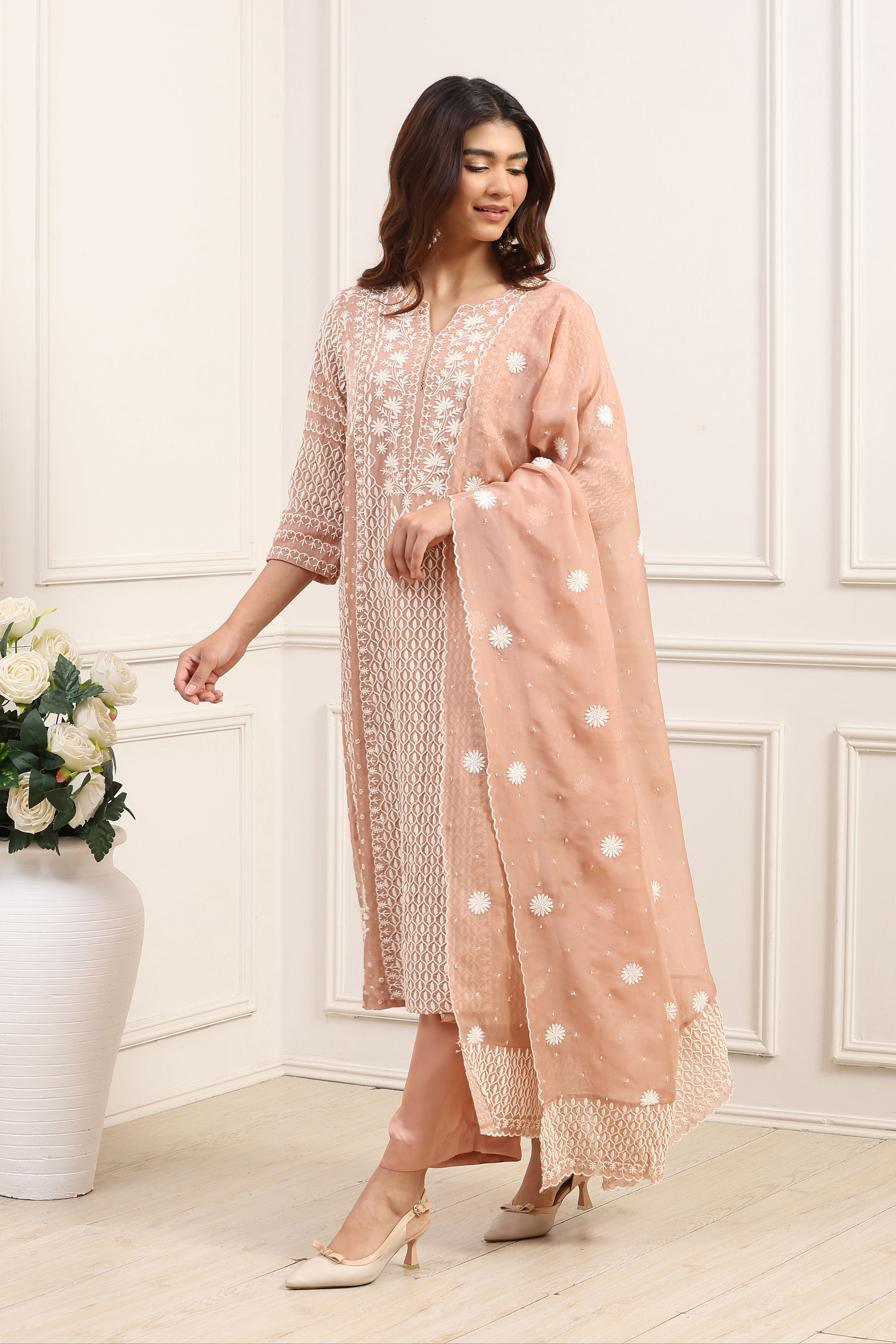 Beige Viscose Organza Embroidered Straight Suit Set image number 3