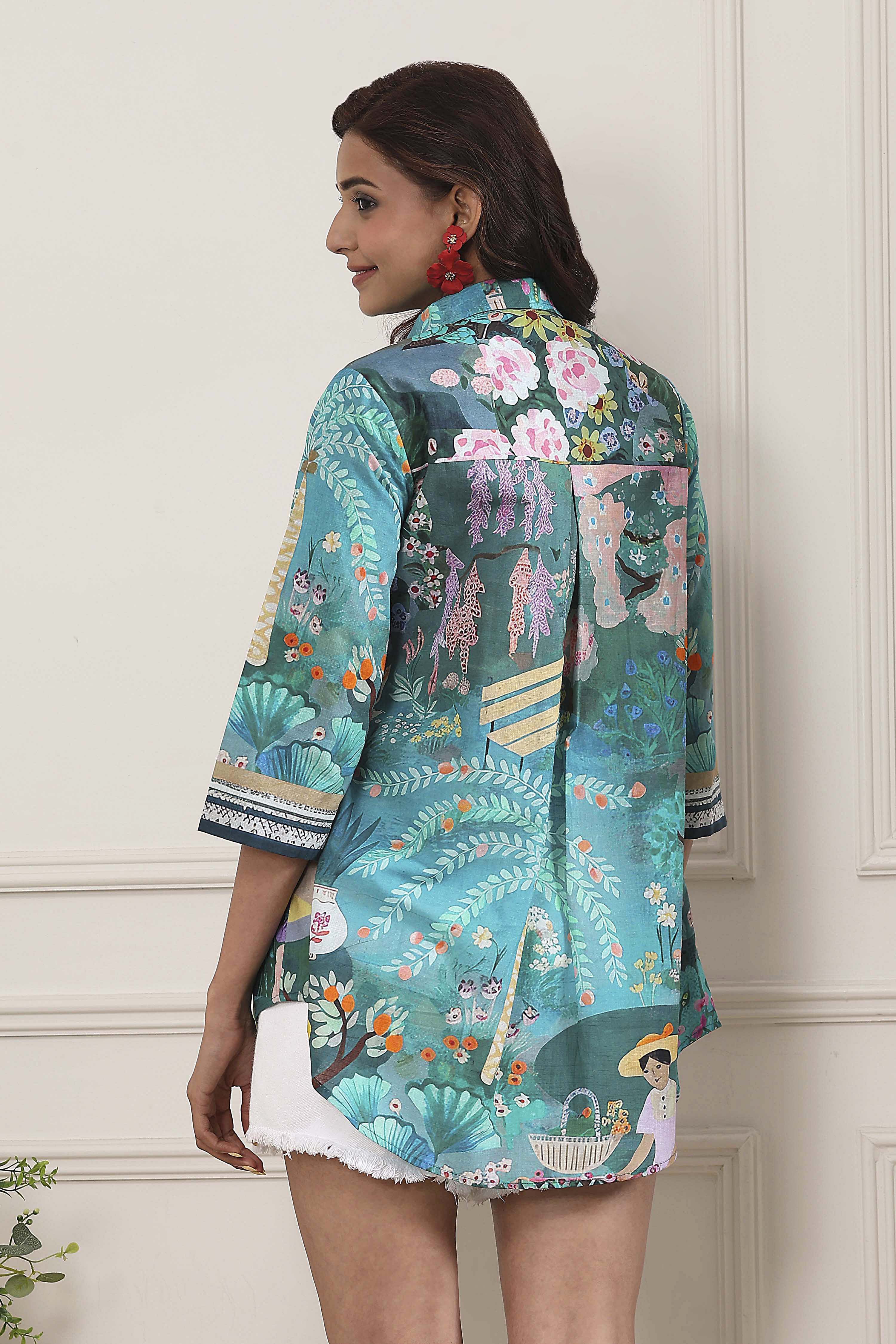 Green Cotton Printed Straight Shirt image number 3