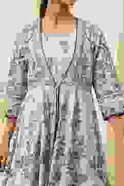 Beige and Blue Printed Front Open Kurta Set image number 1