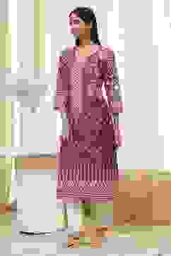 Purple Cotton Printed Straight Kurta image number 2
