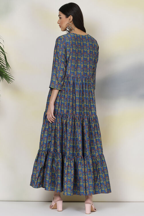 Blue Art Silk Flared Fusion Dress image number 5