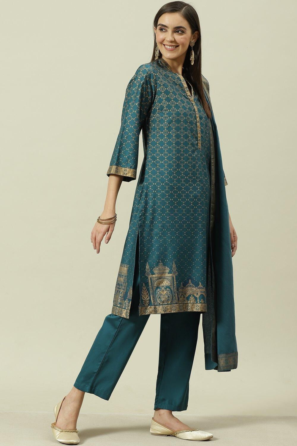 Bottle Blue Printed Cotton Straight Suit Set image number 6