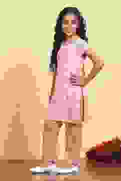 Peach Cotton Straight Printed Kurta Pants Set image number 3