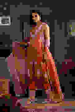 Burnt Orange Embroidered Organza Kalidar Suit Set image number 3