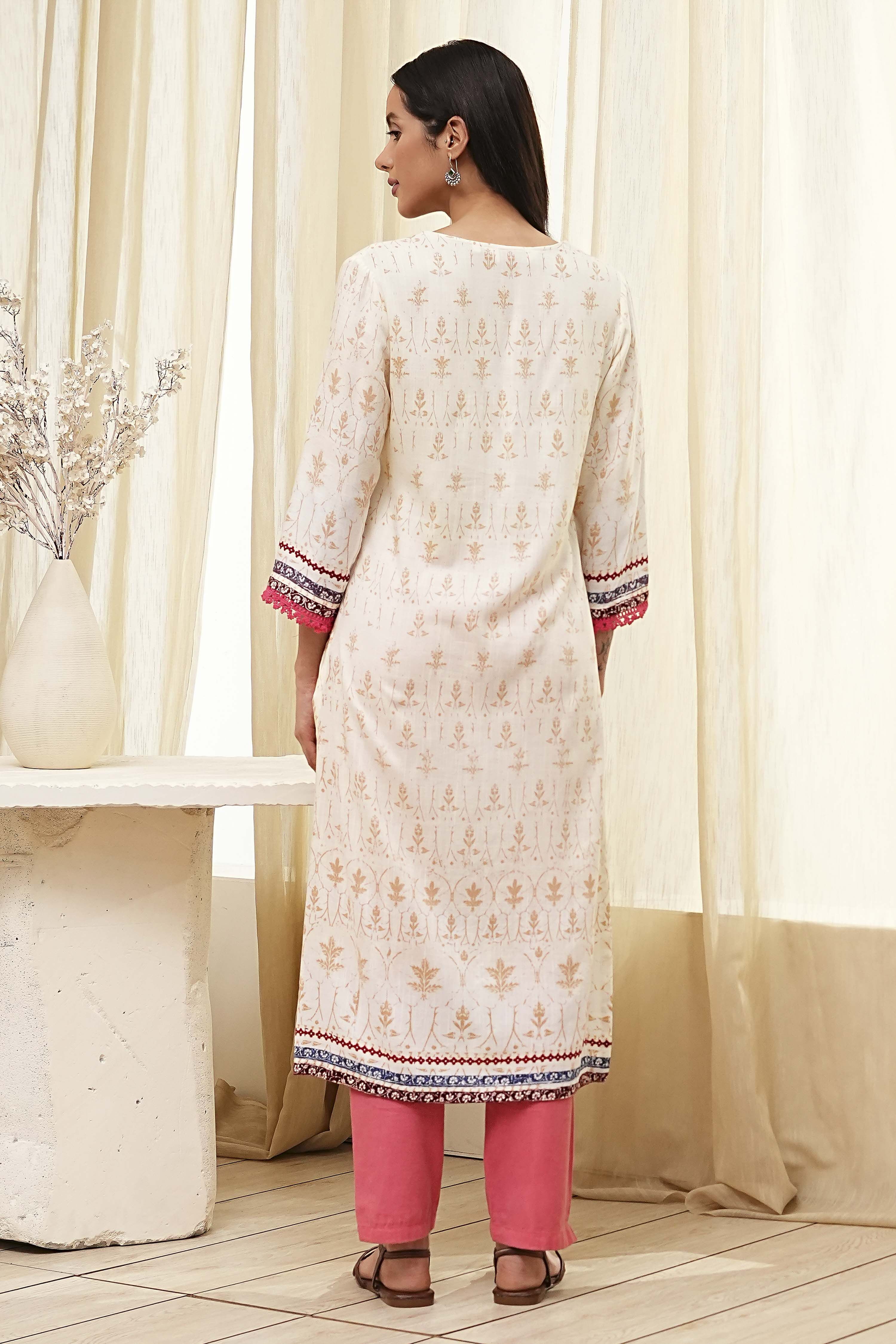 Ecru Floral Printed Straight Kurta image number 3