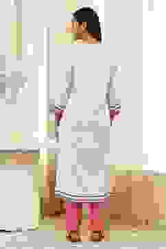 Ecru Floral Printed Straight Kurta image number 3