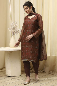Brown Chanderi Printed Embroidered Unstitched Suit Set image number 1