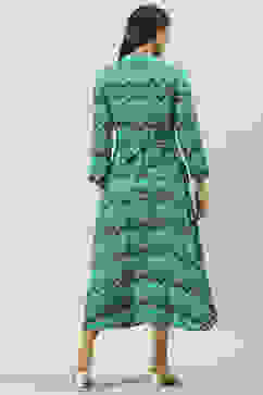 Turquoise Chevron Block Printed Shirt-Style Flared Dress image number 4