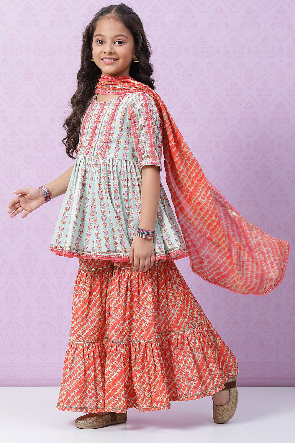 Aqua Coral Cotton Flared Garara Kurta Garara Suit Set image number 0