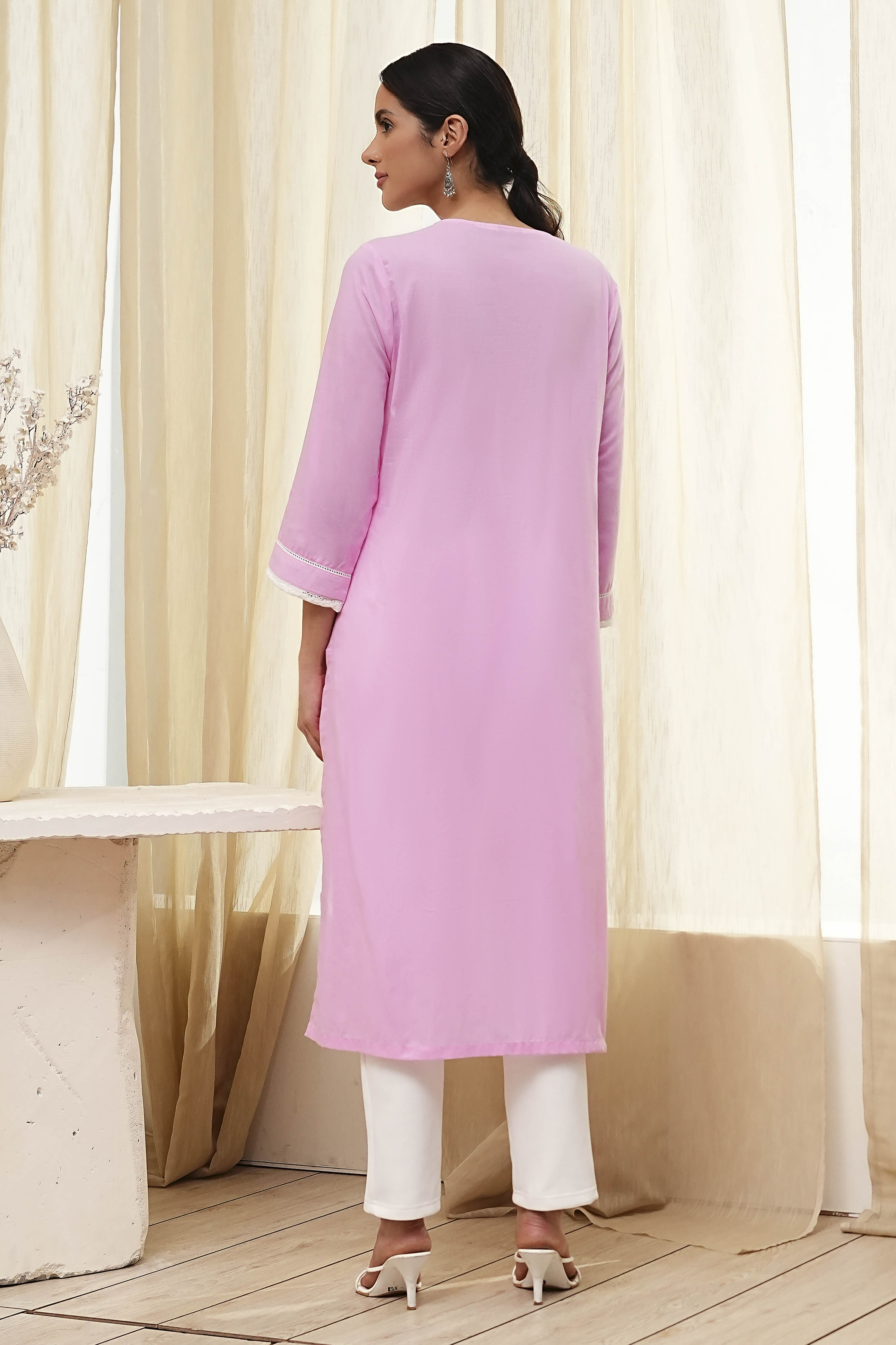 Light Pink Cotton Straight Kurta image number 3