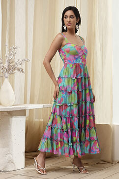 Turquoise Cotton Floral Printed Tiered Dress image number 4