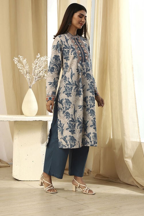 Beige and Teal Pure Cotton Straight Kurta Set image number 5