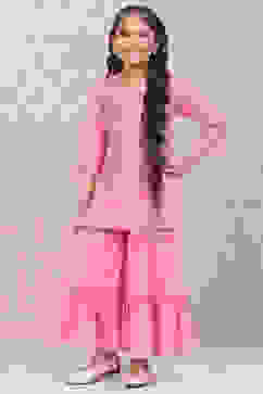 Pink Cotton A-Line Printed Kurta Set image number 0